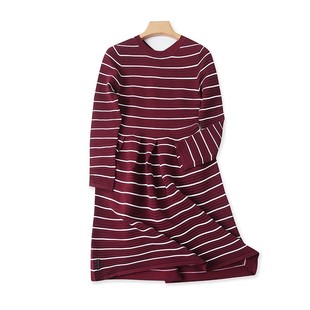 A字女套头裙子17051 条纹收褶长袖 外贸中长款 圆领针织连衣裙春新款