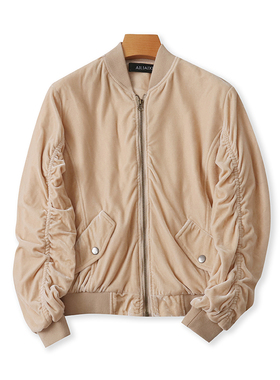 立领金丝绒拉链开衫外套 春秋新款长袖褶皱休闲外单女士卫衣06434