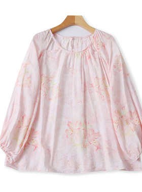 圆领墨染长袖衬衫春秋新款套头显瘦女宽松打底T恤衫时尚上衣07101