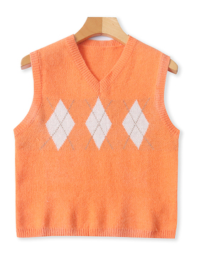 外贸V领针织菱格背心 春秋新款时尚女弹力修身毛衣马甲上衣 19081