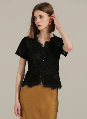中式国风蕾丝上衣 夏季新款盘扣短袖暗花纹打底衫套头T恤衫 15192