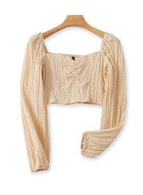 方领修身短款T恤衫 春季新款露脐长袖衬衫 显瘦女士时尚上衣03192