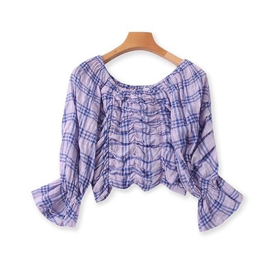 爱丽爱熙修身喇叭袖衬衫棉麻小衫