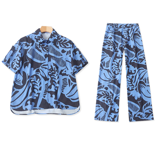 衬衫 休闲两件套装 直筒阔腿裤 宽松时尚 06372 女春夏新款 印花短袖