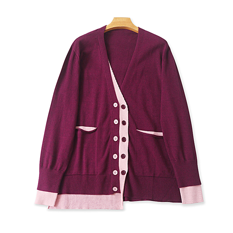 假两件V领拼色针织衫女毛衣开衫