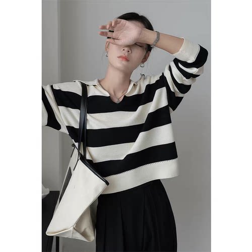 复古慵懒POLO领条纹宽松毛衣女