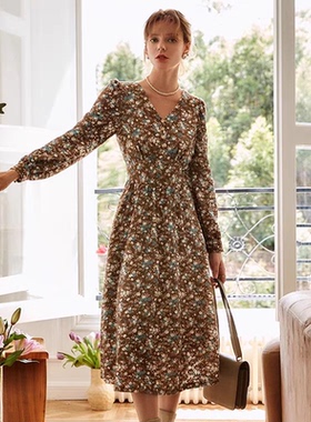 法式雪纺碎花V领连衣裙 夏季新款长袖收腰裙女外单套头长裙14474