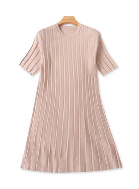 圆领针织连衣裙春夏季新款短袖百搭A字显瘦女中长款弹力裙子03281