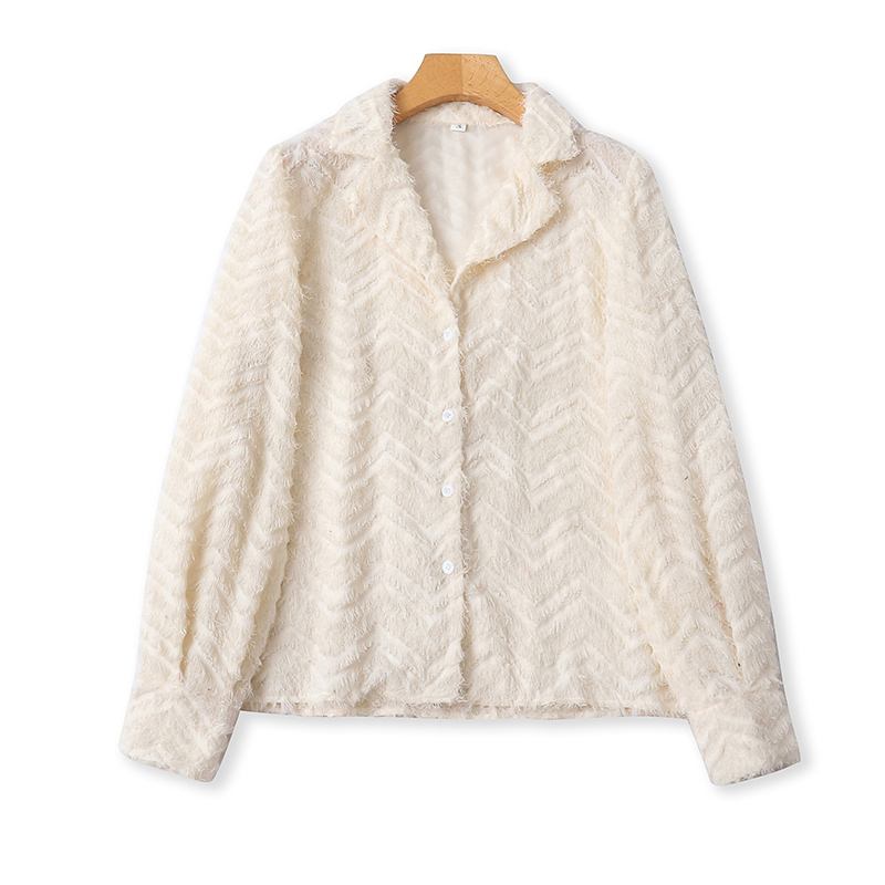 外贸翻领植绒长袖衬衫 春秋新款时尚纽扣开衫女宽松显瘦上衣23084