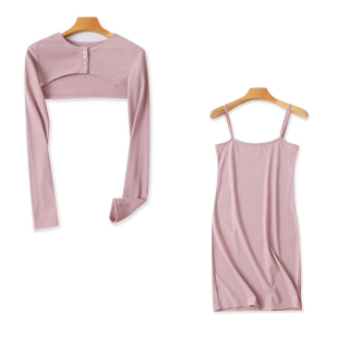 新款 套装 纽扣高腰开衫 连衣裙时尚 17273 吊带修身 圆领两件套春夏季