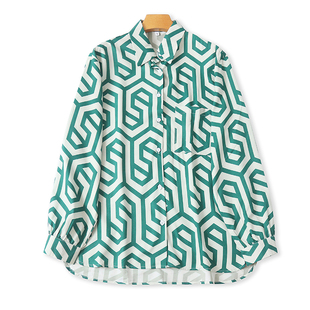 欧美风花纹翻领衬衫 春秋新款时尚女宽松打底衫复古长袖上衣13043