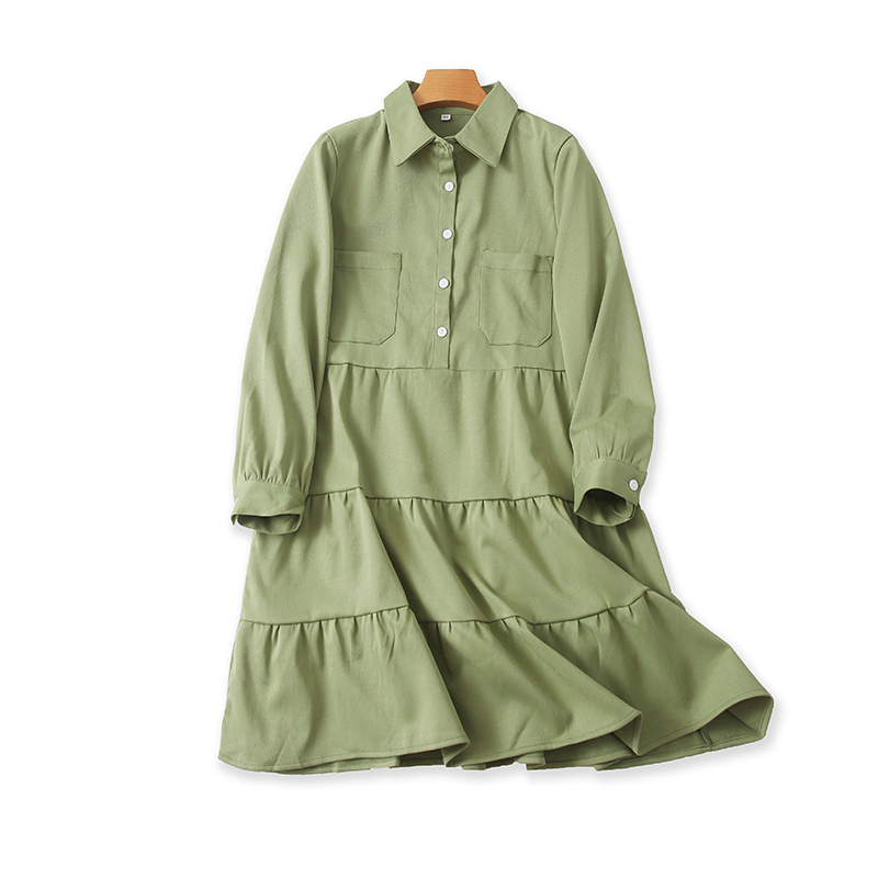 翻领衬衫连衣裙半开衫中长款A字裙春秋新女拼接长袖休闲裙子23314