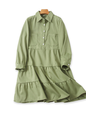 翻领衬衫连衣裙半开衫中长款A字裙春秋新女拼接长袖休闲裙子23314