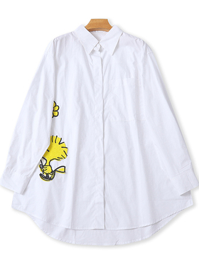 全棉外贸翻领长袖衬衫 中长款宽松贴布绣女装纽扣开衫衬衣裙15182