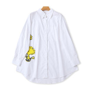 纽扣开衫 全棉外贸翻领长袖 宽松贴布绣女装 中长款 衬衣裙15182 衬衫