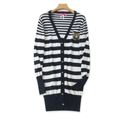 条纹开衫 春秋装 女打底衫 V领中长款 上衣外套L 新款 纽扣针织衫