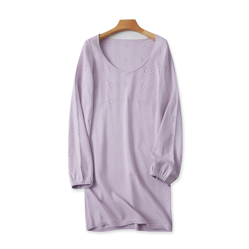 V领镂空针织连衣裙春秋新款中长款宽松休闲女套头打底衫上衣11372