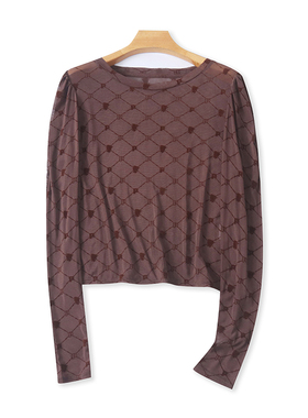 圆领网纱植绒T恤衫 夏季新款微透女套头长袖打底衫 弹力上衣20213