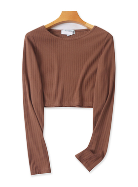 圆领短款长袖针织T恤衫春秋新款显瘦弹力打底衫女士外贸上衣02063