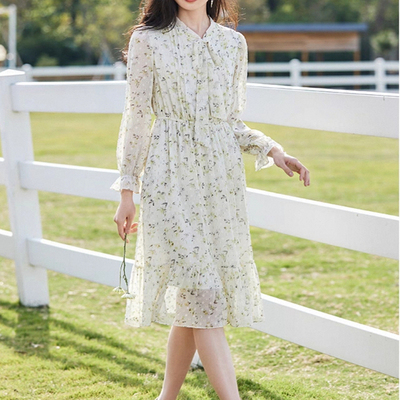 法式碎花系带连衣裙中长款时尚