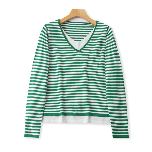 外贸V领假两件针织衫春秋新款