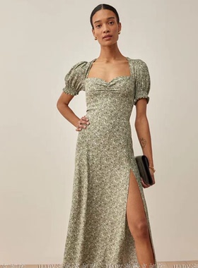 法式方领碎花连衣裙 夏季新款开叉短袖女套头显瘦中长款裙子12222