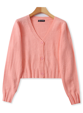 外贸V领长袖针织开衫 春秋新款纽扣宽松毛衣外套 女时尚上衣02164