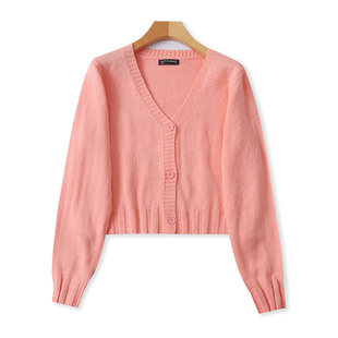 外贸V领长袖针织开衫 春秋新款纽扣宽松毛衣外套 女时尚上衣02164