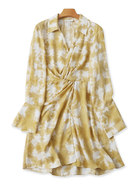 墨染翻领长袖连衣裙 夏季新款收褶百搭时尚女宽松中长款裙子22114