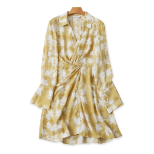 连衣裙 女宽松中长款 夏季 收褶百搭时尚 裙子22114 新款 墨染翻领长袖