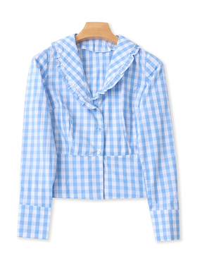 翻领格子长袖衬衫 夏季新款短款女士纽扣开衫百搭西装领上衣05212