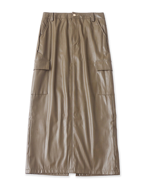 外贸PU皮半身裙 夏季新款开叉包臀裙女显瘦百搭时尚长款裙子08074