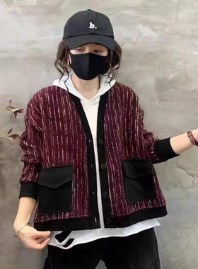 V领拼色小香风外套 春秋新款时尚针织衫 女宽松休闲上衣毛衣15171