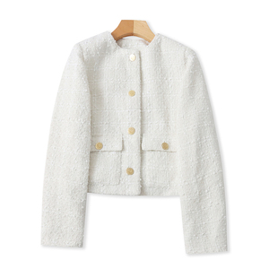 春秋新款 纽扣开衫 口袋时尚 休闲女装 上衣07363 短款 圆领小香风外套