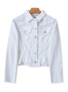 牛仔翻领短款小外套 毛边破洞夹克开衫春秋新外贸纽扣女上衣17344