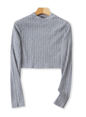 外贸立领高腰长袖T恤衫春秋新款短款时尚女打底衫微弹力上衣07193