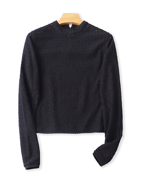 外贸圆领刺绣镂空T恤衫夏秋季新款长袖百搭时尚宽松打底上衣21053