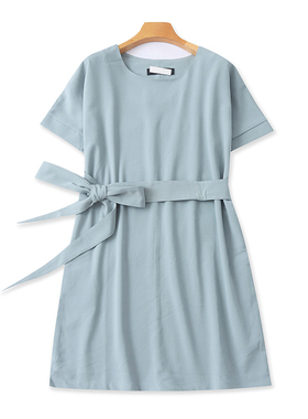 圆领系带短袖连衣裙 夏季新款时尚女宽松休闲中长款文艺裙子03304