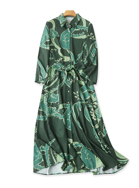 翻领系带连衣裙 春夏季新款7分袖气质长款衬衫裙 外贸女裙子15134