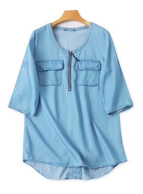 天丝牛仔水洗T恤衫夏季新款宽松休闲衬衫女外贸时尚打底上衣09192