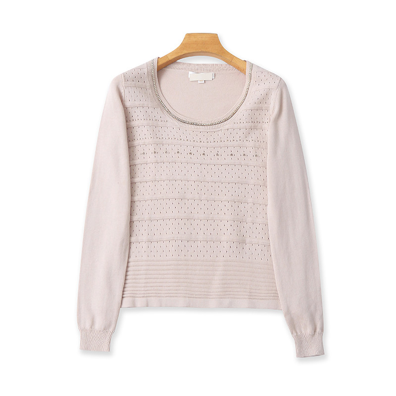 外贸圆领镂空针织衫 镶钻时尚弹力长袖打底衫女时尚套头上衣23154
