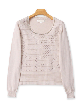 外贸圆领镂空针织衫 镶钻时尚弹力长袖打底衫女时尚套头上衣23154