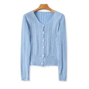 春秋新款 长袖 时尚 纽扣开衫 上衣15261 显瘦外套 外贸V领镂空针织衫