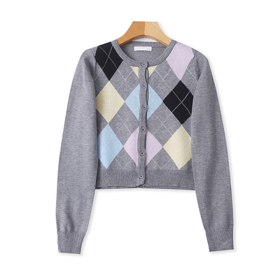 英伦菱格小开衫短款圆领学院风