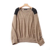 针织衫 女秋新款 毛衣打底衫 圆领拼接长袖 女套头时尚 外贸上衣12443