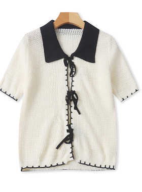 欧美风翻领拼色针织衫 春夏新款罩衫女短款上衣系带开衫外套08332