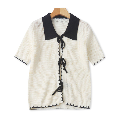 春夏欧美风翻领拼色针织开衫女