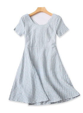 外贸圆领格子露背连衣裙 夏季新款A字版中长款女装短袖裙子 08334