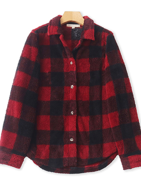 外贸翻领格子绒衫外套 春秋款时尚保暖厚衬衫女纽扣开衫上衣14342