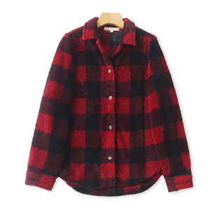 外贸翻领格子绒衫外套 春秋款时尚保暖厚衬衫女纽扣开衫上衣14342